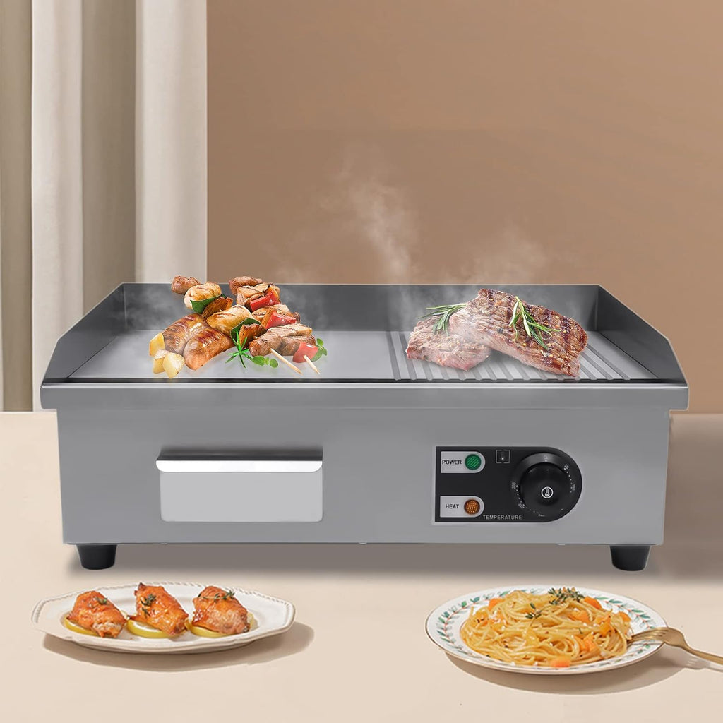 Commercial Electric Griddle 110V, 22' Stainless Steel Flat Top Grill with Dual Zone (Grooved/Flat), Adjustable Temp 122°F-572°F for Restaurant, Diner & Home Kitchen