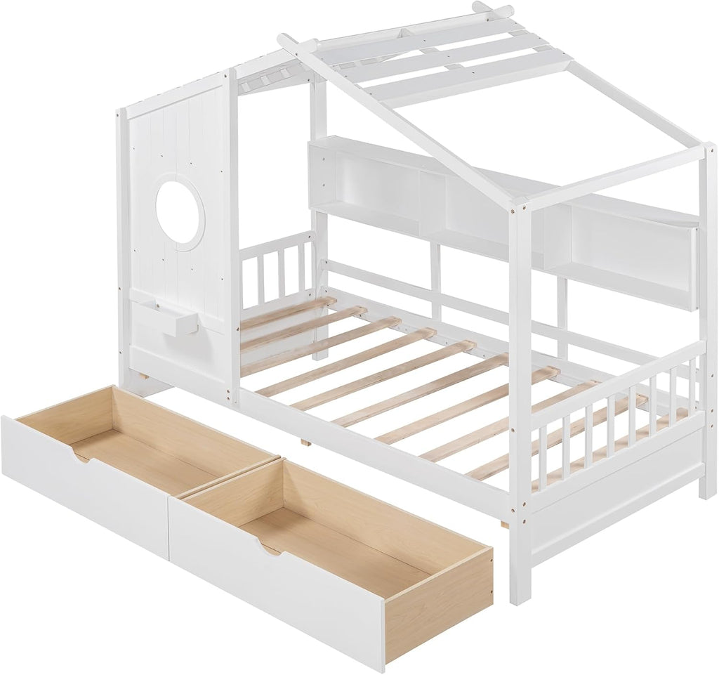 MERITLINE Twin Size Kids House Bed with 2 Drawers and Storage Shelf, Wooden Kids Montessori Bed Frame (White)