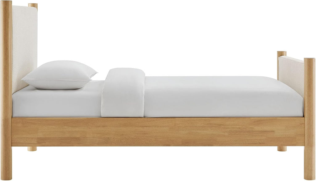 Modway Maven Twin Size Bed Frame in Ivory Oak with Upholstered Fabric Headboard and Footboard – Wood Twin Platform Bed Frame – No Box Spring Needed