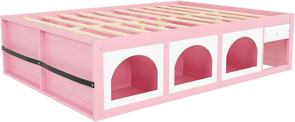 Bellemave Queen Size Kids Bed with Display Cabinet, LED Light and Drawer, Wood Queen Platform Bed with Bookshelf, BedFrames for Kids, Adults, Pink+White