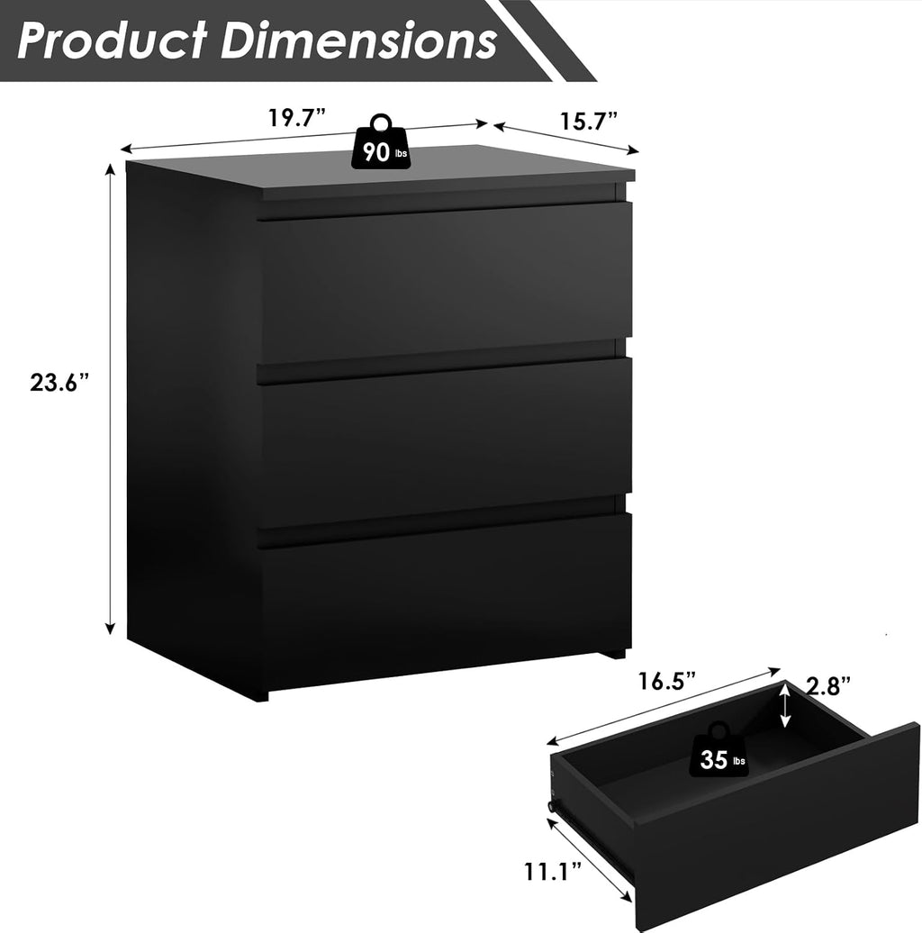 3 Drawer Nightstand & Side Storage Table, Minimalist Modern Black Bedside End Tables with Ample Storage, Versatile Wooden Chest of Drawers for Bedroom, Living Room, Offices (Set of 2)