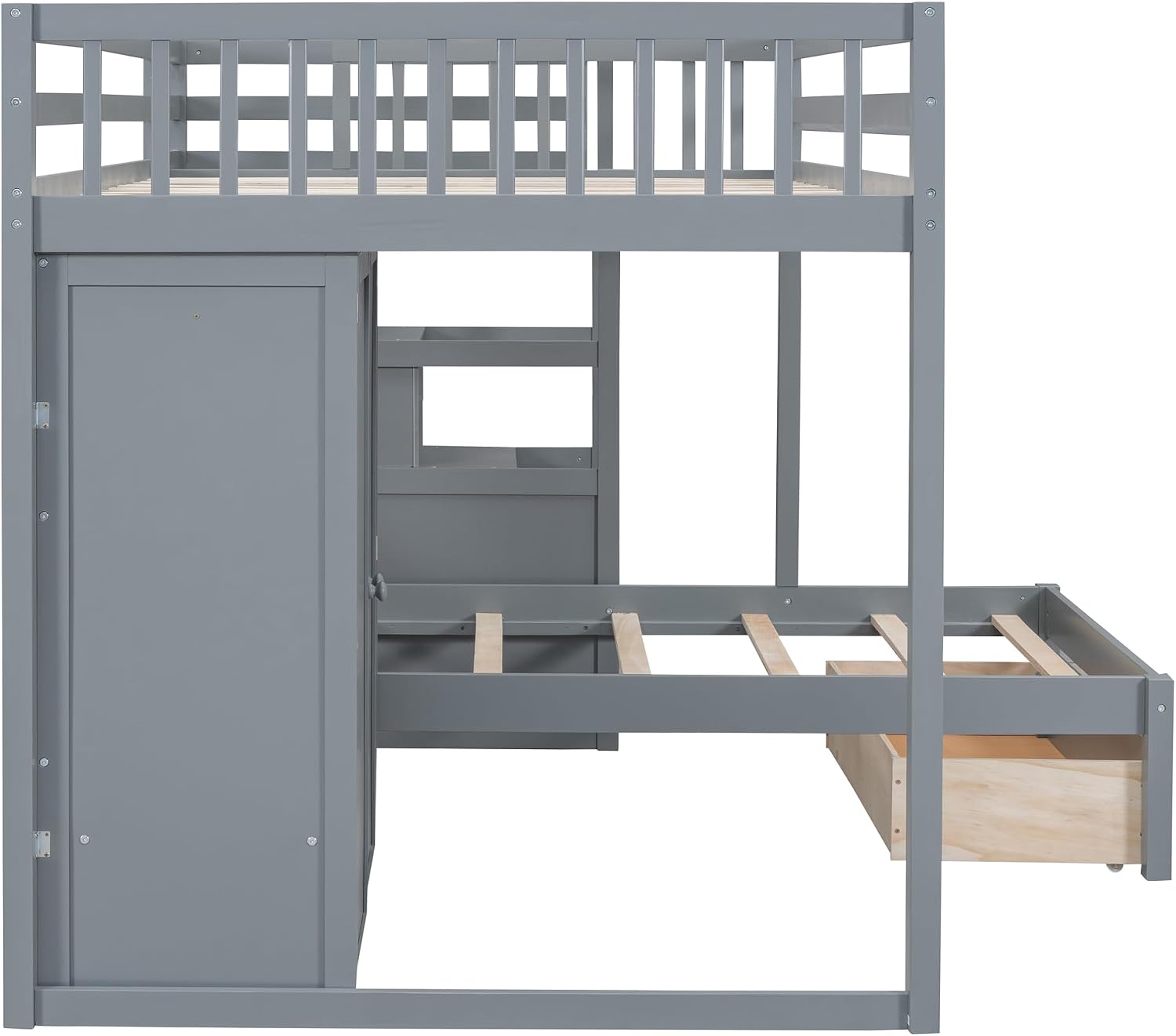 Ball & Cast Full Over Twin Bunk Bed with Safty Guardrail & Storage Stair,Wood Loft Bedframe W/Wardrobe & Drawers,Space-Saving Design,Easy Assembly,Versatile Furniture for Boys Girls Teen Bedroom,Gray