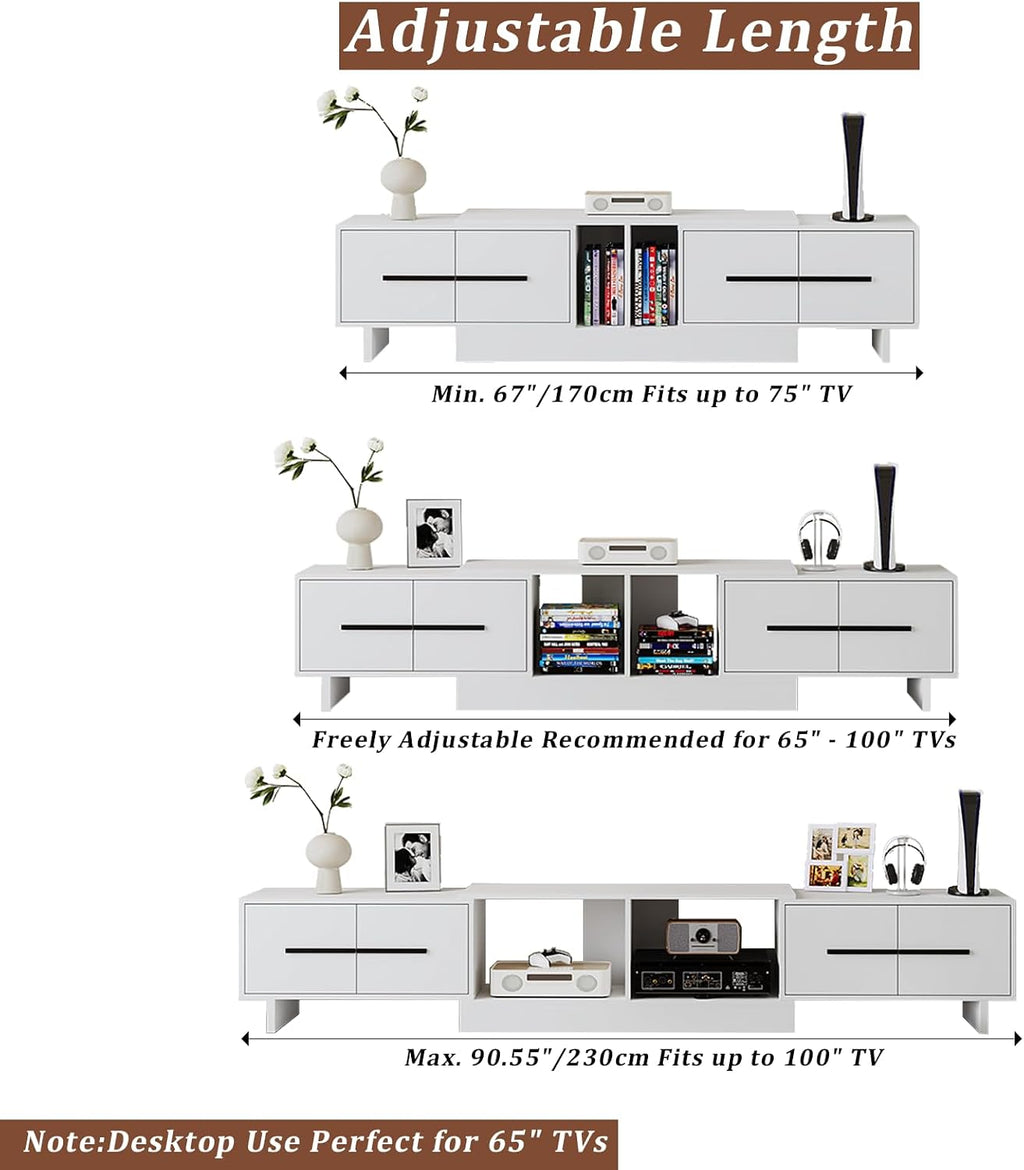 Extendable TV Stand, Modern Media Console for Up to 100 Inch TV, 67'-90' Extendable Entertainment Center with 2 Large Cabinets & Open Shelves, TV Cabinet for Living Room-White