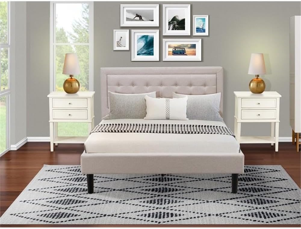 East West Furniture FN08Q-2VL0C 3-Piece Platform Bedroom Set with 1 Queen Size Bed Frame and 2 Small End Tables - Reliable and Durable Manufacturing - Mist Beige Linen Fabric