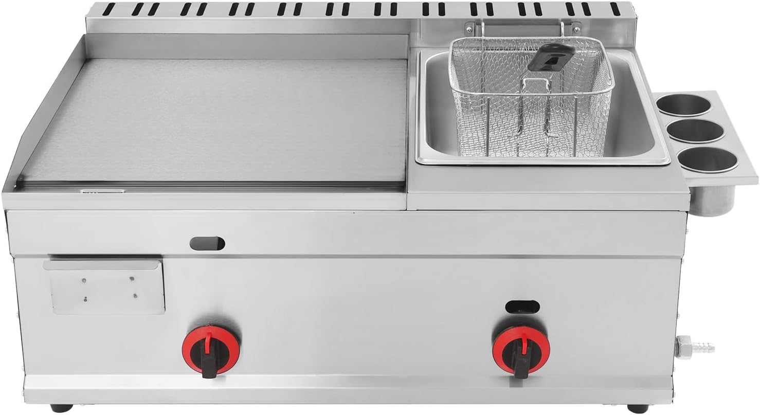 6L Table Top Commercial Gas Deep Fryer, 2 in 1 Deep Frying Machine with Flat Top Grill Griddle, Stainless Steel Countertop Fryer with Teppanyaki Grill, Single Frying Machine for Kitchen