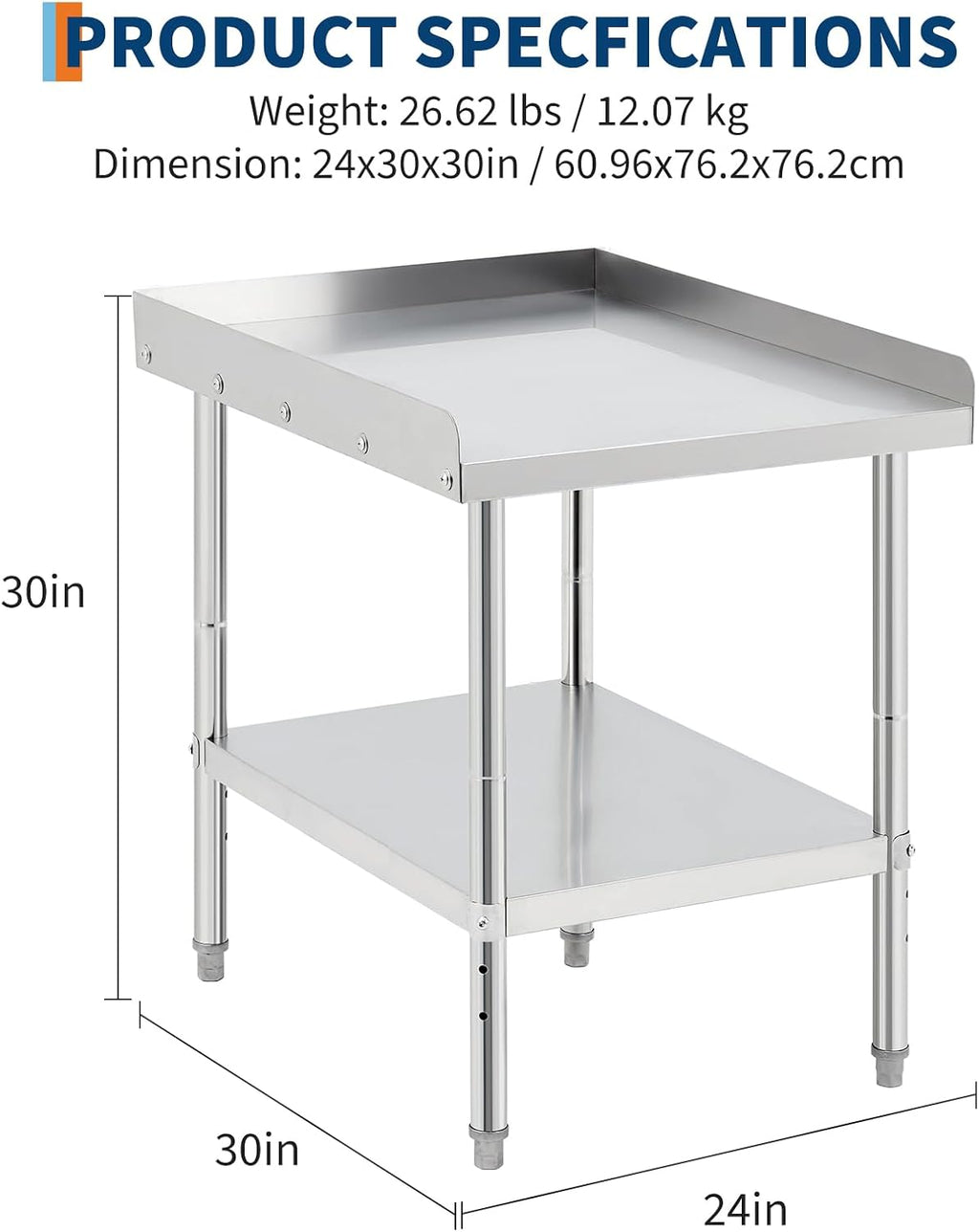 Equipment Grill Stand Table 24x30x30 Inch Stainless Steel NSF Certified 400 Lbs Capacity with Adjustable Legs, 2' Edge Baffle, for Hotel, Home, Commercial Restaurant Kitchen