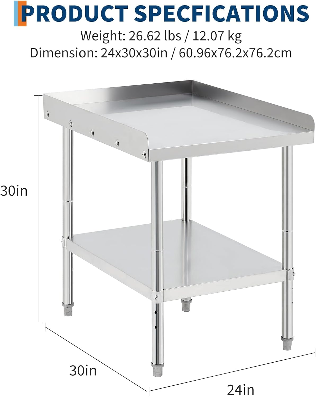 GarveeTech Stainless Steel Grill Stand Table - 24x30x30 Inches, 660 LBS Heavy-Duty Capacity, NSF Certified, with 2' Edge Baffle for Home, Commercial Restaurant Kitchen, Hotel