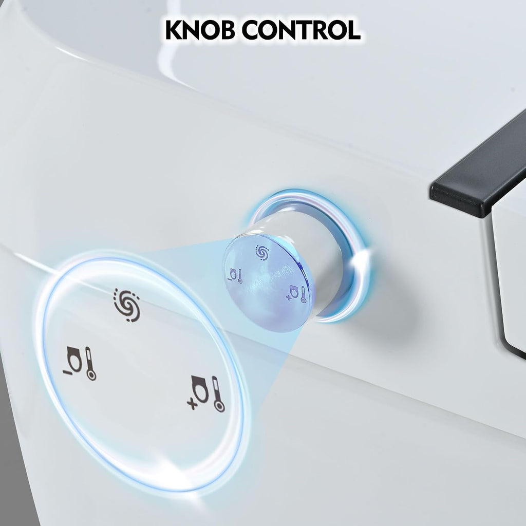 Merax Heated Seat Smart Toilet, Upmarket Compact Dual Flush, 1/1.28 GPF, Tankless, Adjustable Temp, Foot Sensor Flush, White Night Light, Knob Control, Power Out, White, Plastic, Glossy Finish