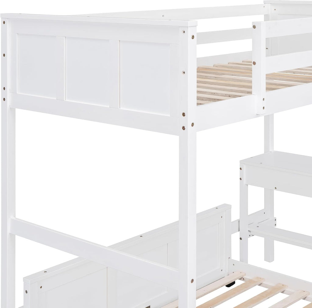 Ball & Cast Twin Over Full Bunk Bed with Safty Guardrail & Stairway,Heavy Duty Wood Loft Bedframe W/Desk & Drawers,Easy Assembly,Versatile Functional Bedroom Furniture Set for Boy Girl Teens,White