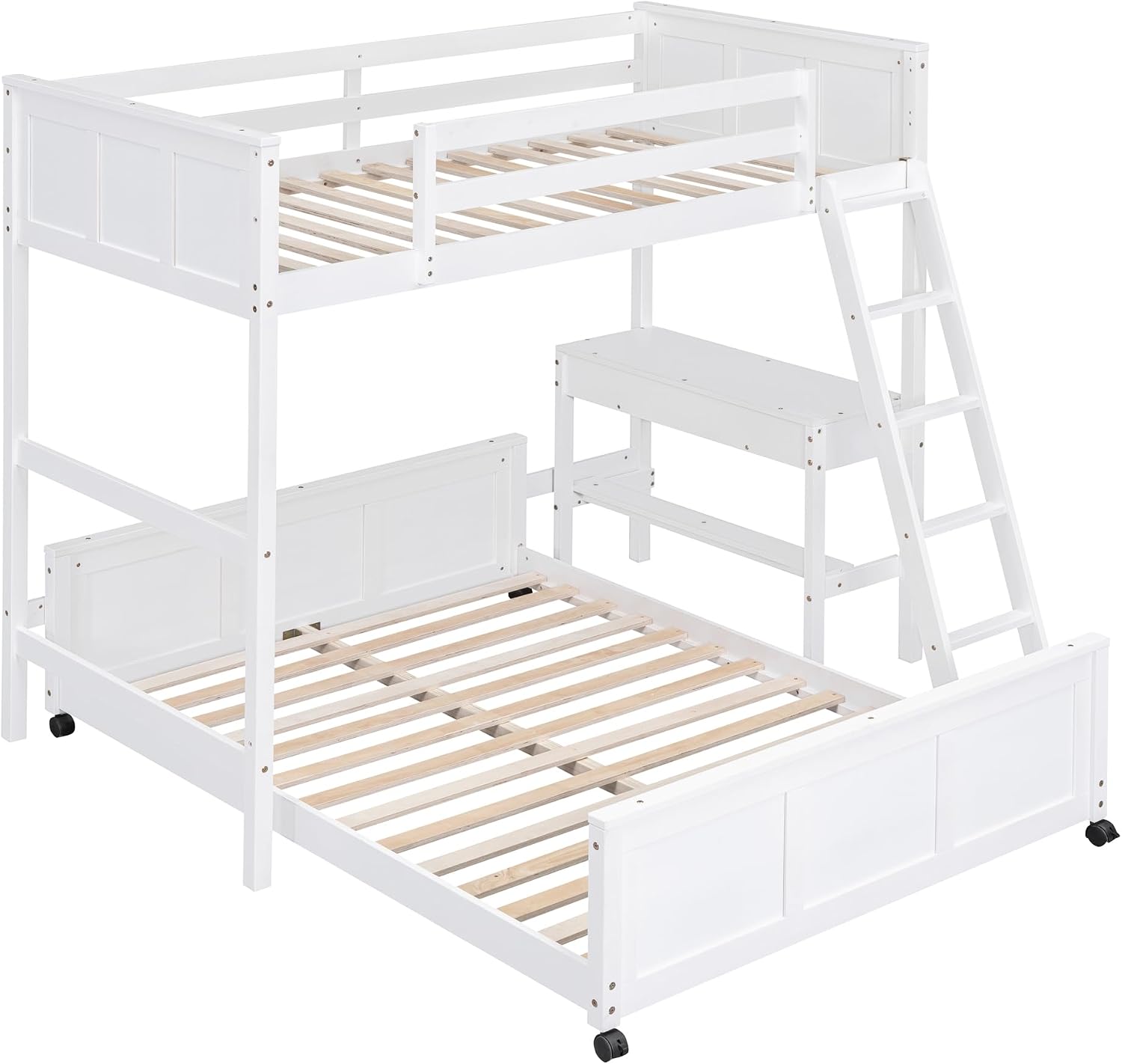 Ball & Cast Twin Over Full Bunk Bed with Safty Guardrail & Stairway,Heavy Duty Wood Loft Bedframe W/Desk & Drawers,Easy Assembly,Versatile Functional Bedroom Furniture Set for Boy Girl Teens,White