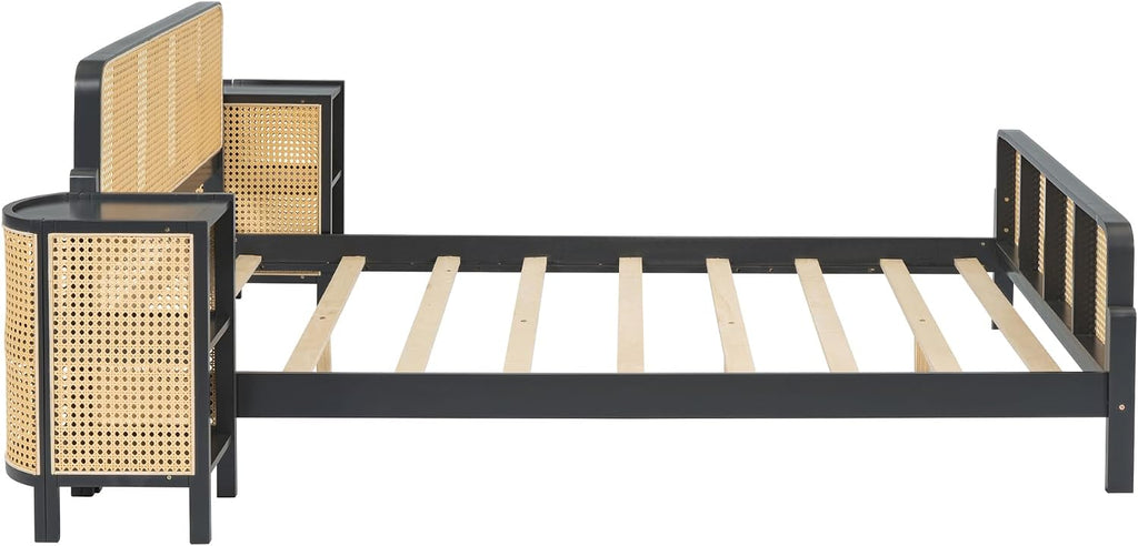 3-Pieces Bedroom Furniture Sets,Full Size Rattan Platform Bed with 2 Nightstands, Perfect for Teens Adults (Espresso/Rattan, Full)