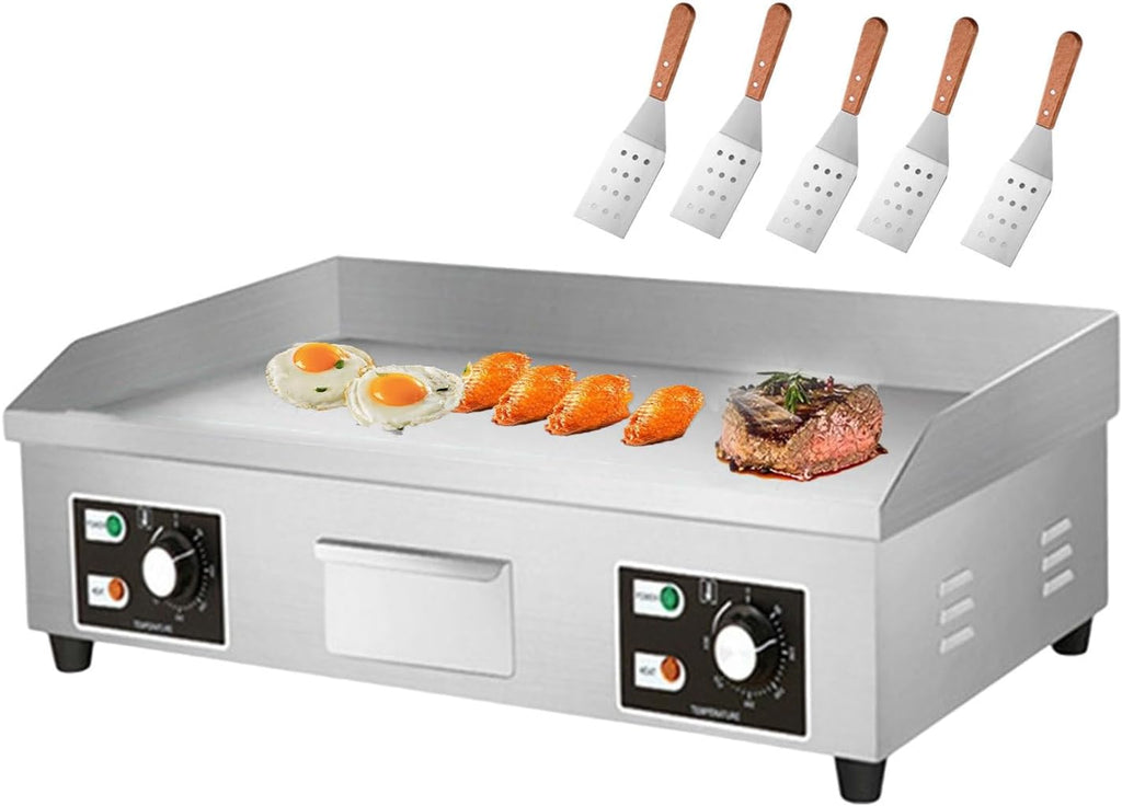 Electric Griddle Commercial Flat Top Grill, Stainless Steel Steak Bacon Fryer 50°C-300°C, Electric Pancake Maker for Outdoor Camping, Snack Bars, Restaurant, with 5 Fryin,3500W
