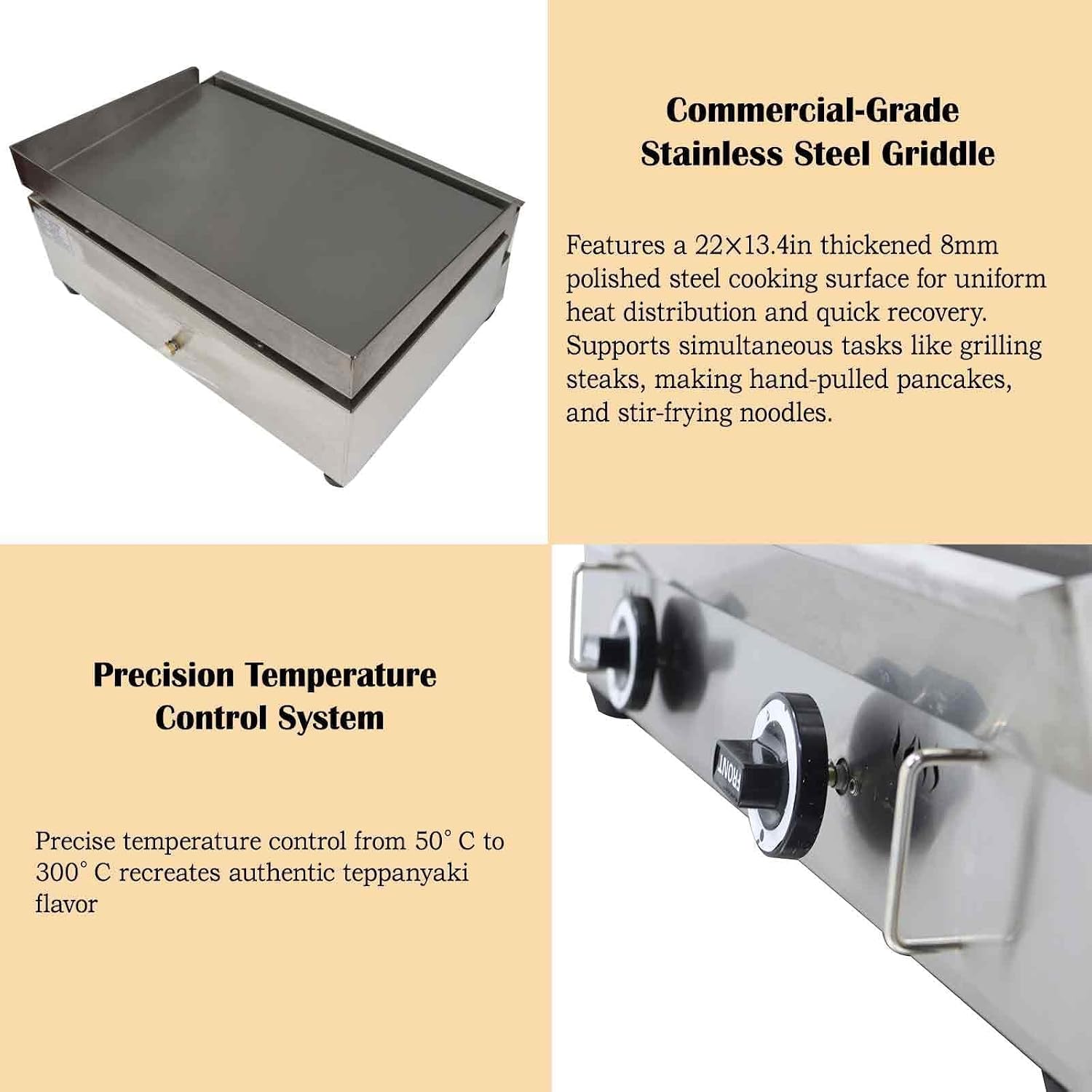 Commercial Stainless Steel LPG Gas Griddle Grill, 21.3' x 13.4' Flat Top Countertop Griddle for Steak, Pancakes & Teppanyaki, 2800Pa, Home & Outdoor Use
