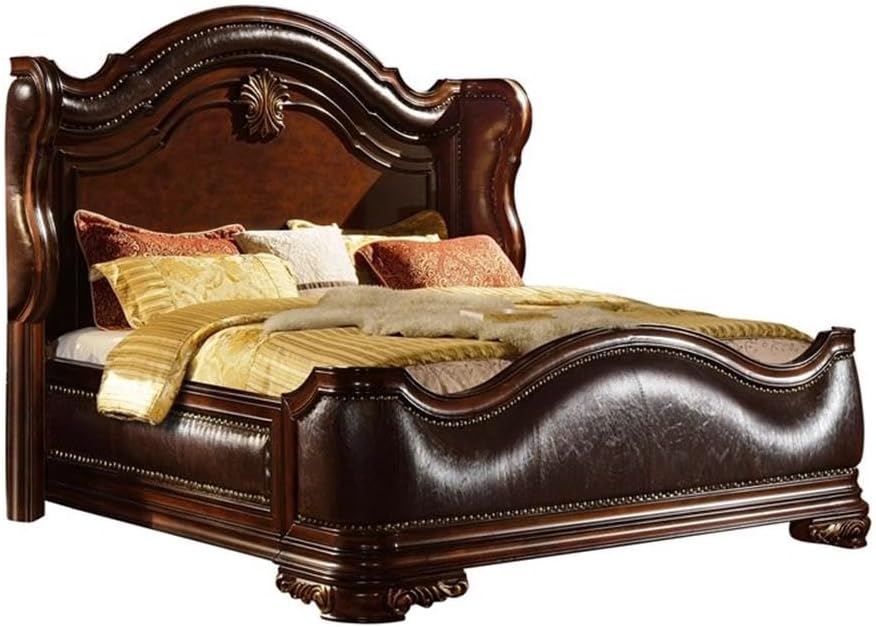 Pemberly Row Traditional Queen Bedroom Set, 4-Piece Wood Construction, Dark Walnut Finish, Upholstered Wing Headboard, Felt-Lined Drawers, Marble Tops, Beveled Mirror, Perfect for Elegant
