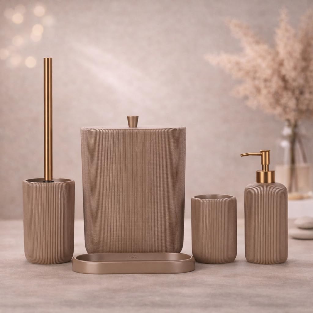 Lydia Collection 5-Piece Resin Bathroom Accessories Set – Toilet Brush Holder, Waste Bin, Soap Dispenser, Tray & Toothbrush Holder (Mink)