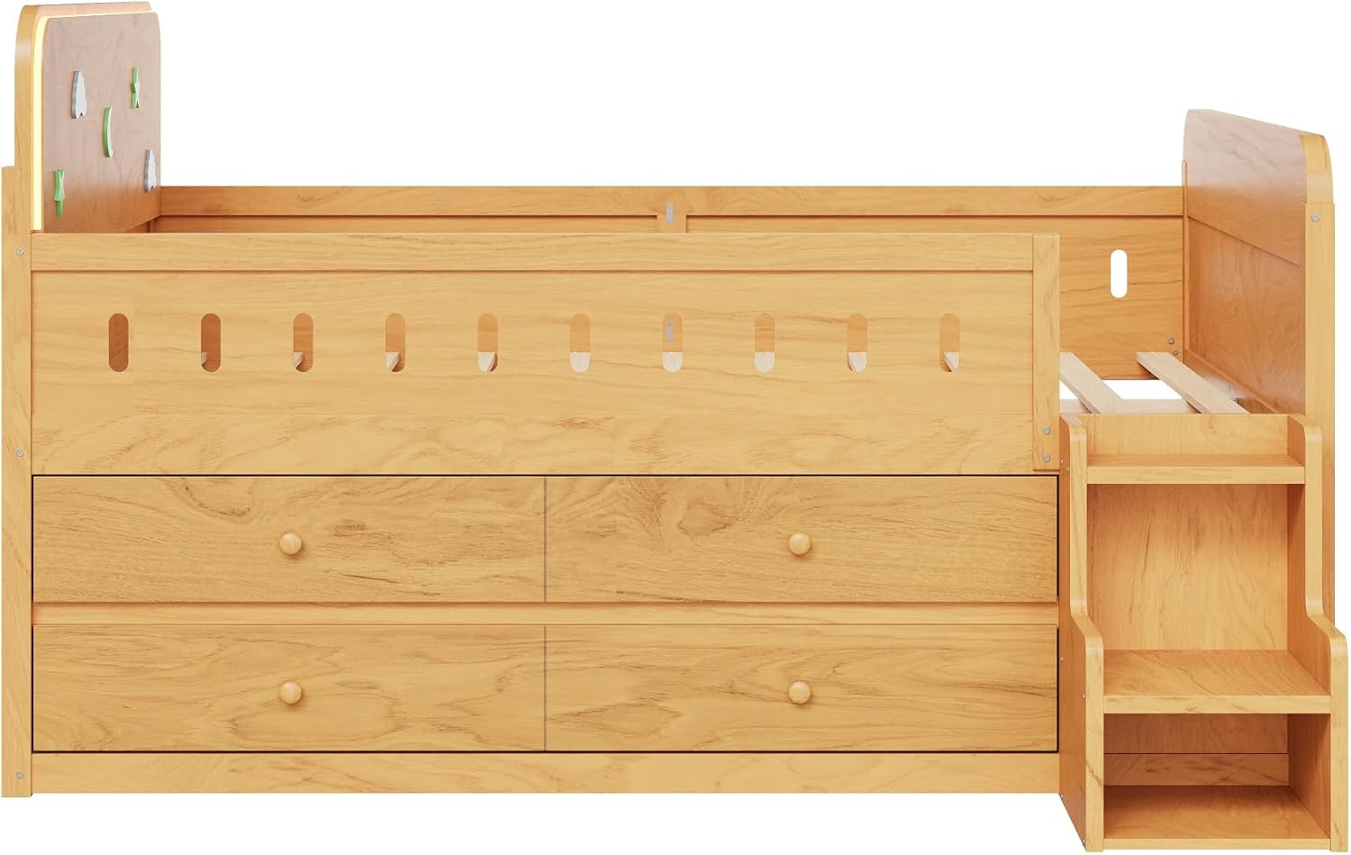 VilroCaz Full Size Platform Bed with Guardrail and 4 Drawers, Wooden Kids Platform Bed Frame with Two-Step Staircases and Light Strip for Boys Girls, Sturdy Slats Support (Wood-11A)