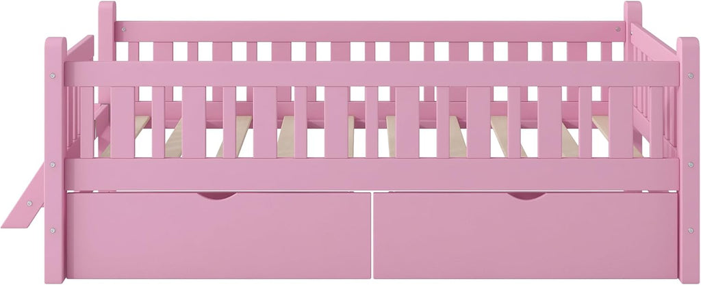 VilroCaz Twin Size Platform Bed with Guardrail and 2 Drawers, Wood Kids Platform Bed Frame with Two-Step Ladder for Boys Girls, Sturdy Slats Support (Pink-1.26)