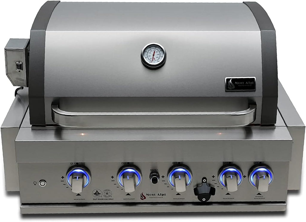 Mont Alpi Built-in MABi400-COMBO 32-Inch 4-Burner 63000 BTU Built-In Stainless Steel Outdoor Kitchen Island Gas BBQ Grill + Glass Door Compact Refrigerator + Charcoal Tray & Griddle Plate Combo