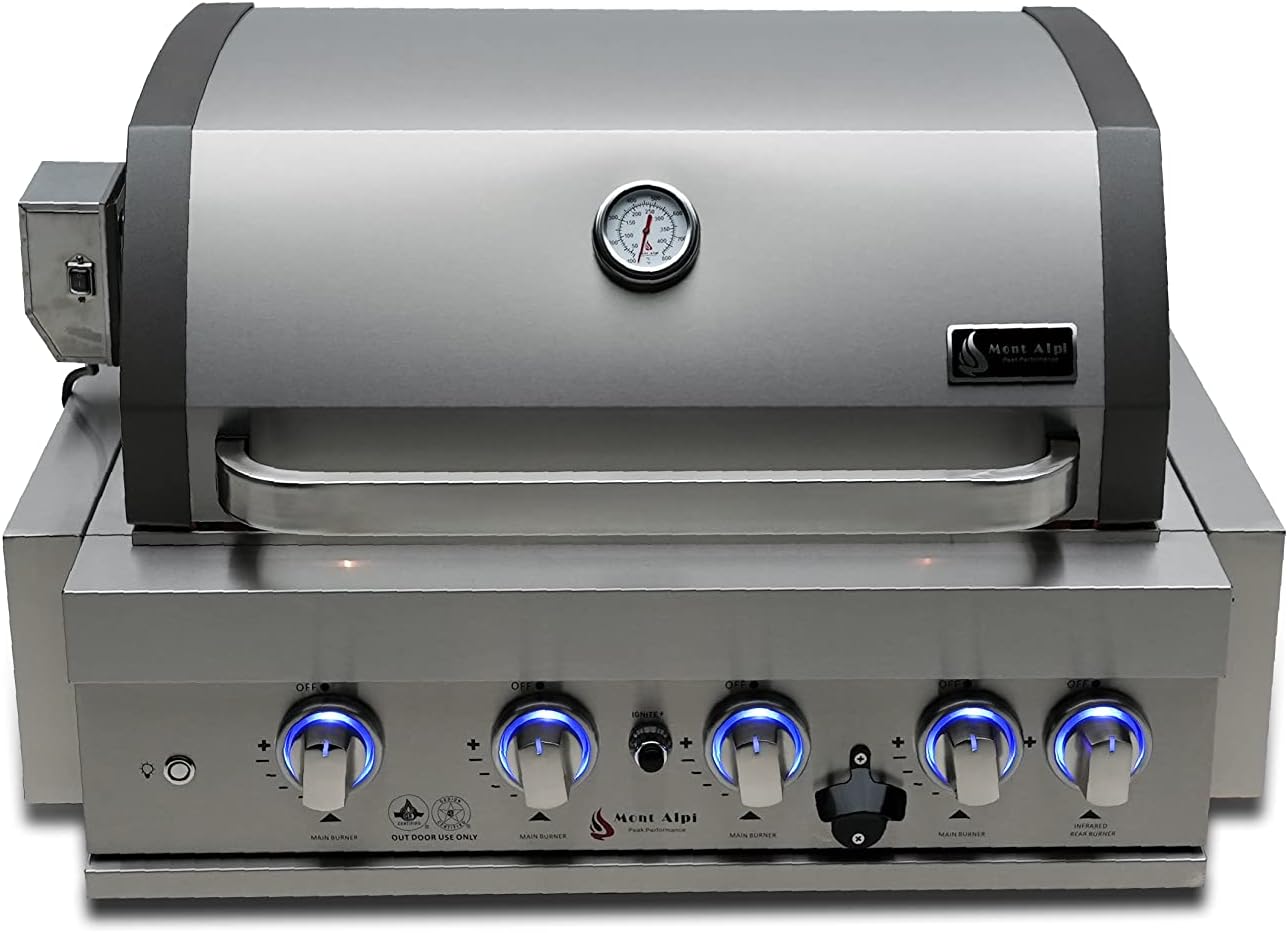 Mont Alpi Built-in MABi400-COMBO 32-Inch 4-Burner 63000 BTU Built-In Stainless Steel Outdoor Kitchen Island Gas BBQ Grill + Glass Door Compact Refrigerator + Charcoal Tray & Griddle Plate Combo