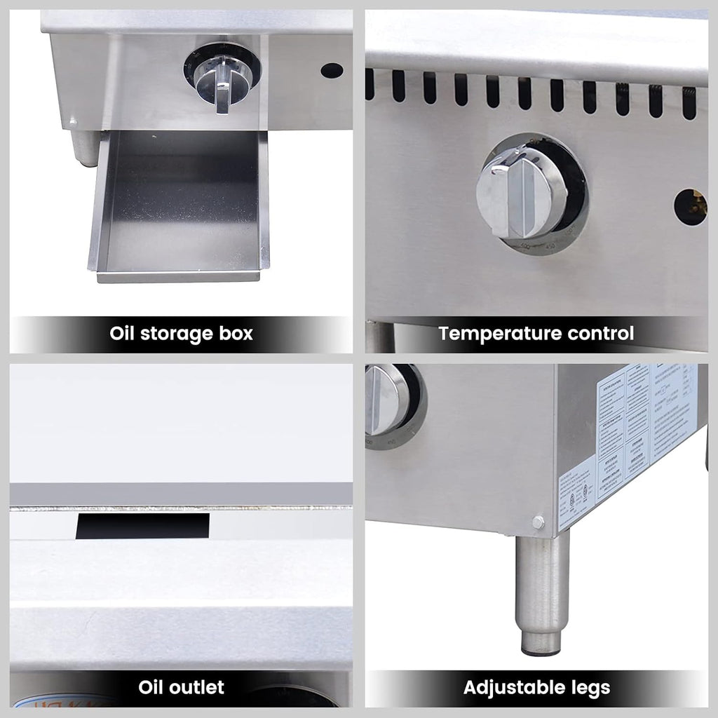 24' Commercial Griddle - Natural Gas/Propane Flat Top Grill, 60,000 BTU Countertop Hot Plate with Thermostatic Control & 3/4' Thick Plate, Heavy Duty Stainless Steel, ETL Listed