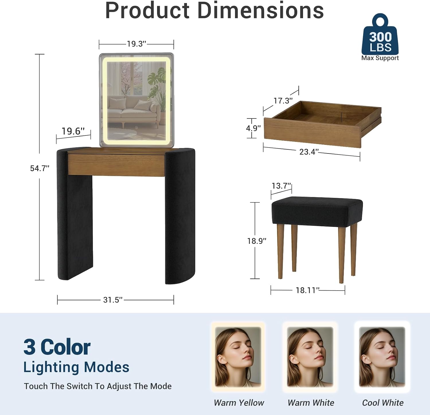 Small Makeup Vanity Desk with Lighted Mirror - Solid Wood Compact Bedroom Make Up Dressing Table with Adjustable Brightness Mirror & Drawer & Chair, Easy Assembly Classic Modern Set, Black