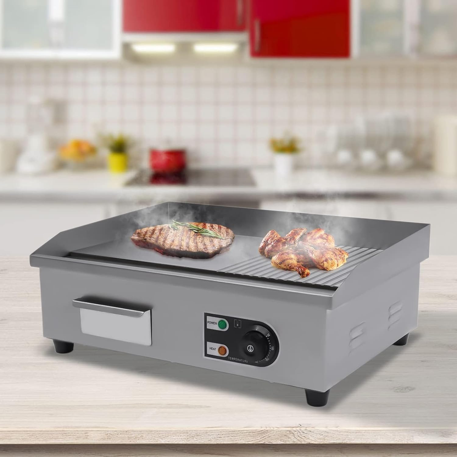 Electric Griddle Stainless Steel Countertop Grill Flat Top Griddle for Home and Commercial, Adjustable Temperature, with Flat and Fluted Sections