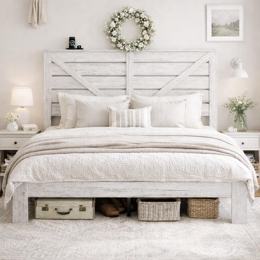 Queen Size Bed Frame with Headboard – Farmhouse Style Platform with LED Lights USB Charging No Box Spring Easy Assembly White Boho Bed Frame Modern Bedroom Sets (Boho White, Queen)