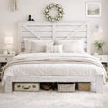 Queen Size Bed Frame with Headboard – Farmhouse Style Platform with LED Lights USB Charging No Box Spring Easy Assembly White Boho Bed Frame Modern Bedroom Sets (Boho White, Queen)