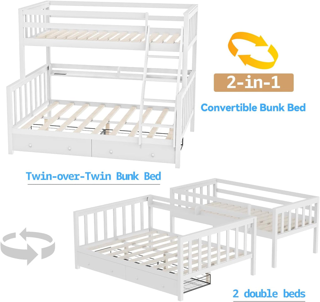 FJTJBSI Solid Wood Bunk Bed with Charging Station and LED Lights Detachable Bunk Bed Twin Over Twin with 2 Storage Drawers Full Size Bed Frame with Guardrail and Ladder for Kids Adults Bedroom