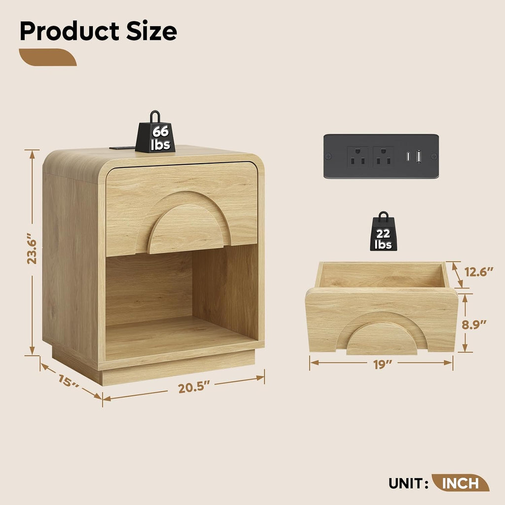 Bestier Night Stand Set of 2, 23.6' H Curved Nightstand with Charging Station, Farmhouse Bedside Table with Drawer & Open Shelf, Arched & Curved Nightstand, Solid Wood End Table for Bedroom, Natural