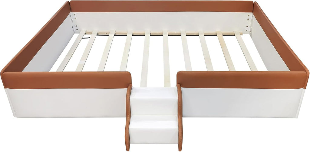 VilroCaz Full Size Upholstered Daybed Frame with Fence and Stairs, Montessori Kids Floor Bed with Sturdy Slat Support for Kids Boys Girls (Brown+Full)