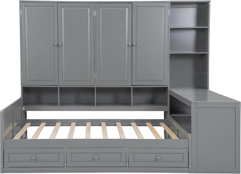 KLMM Full Size Wooden Daybed with Three Drawers and All-in-One Cabinet,Desk and Shelves,for Living Room Bedroom Use (Gray#Shelves, Full)