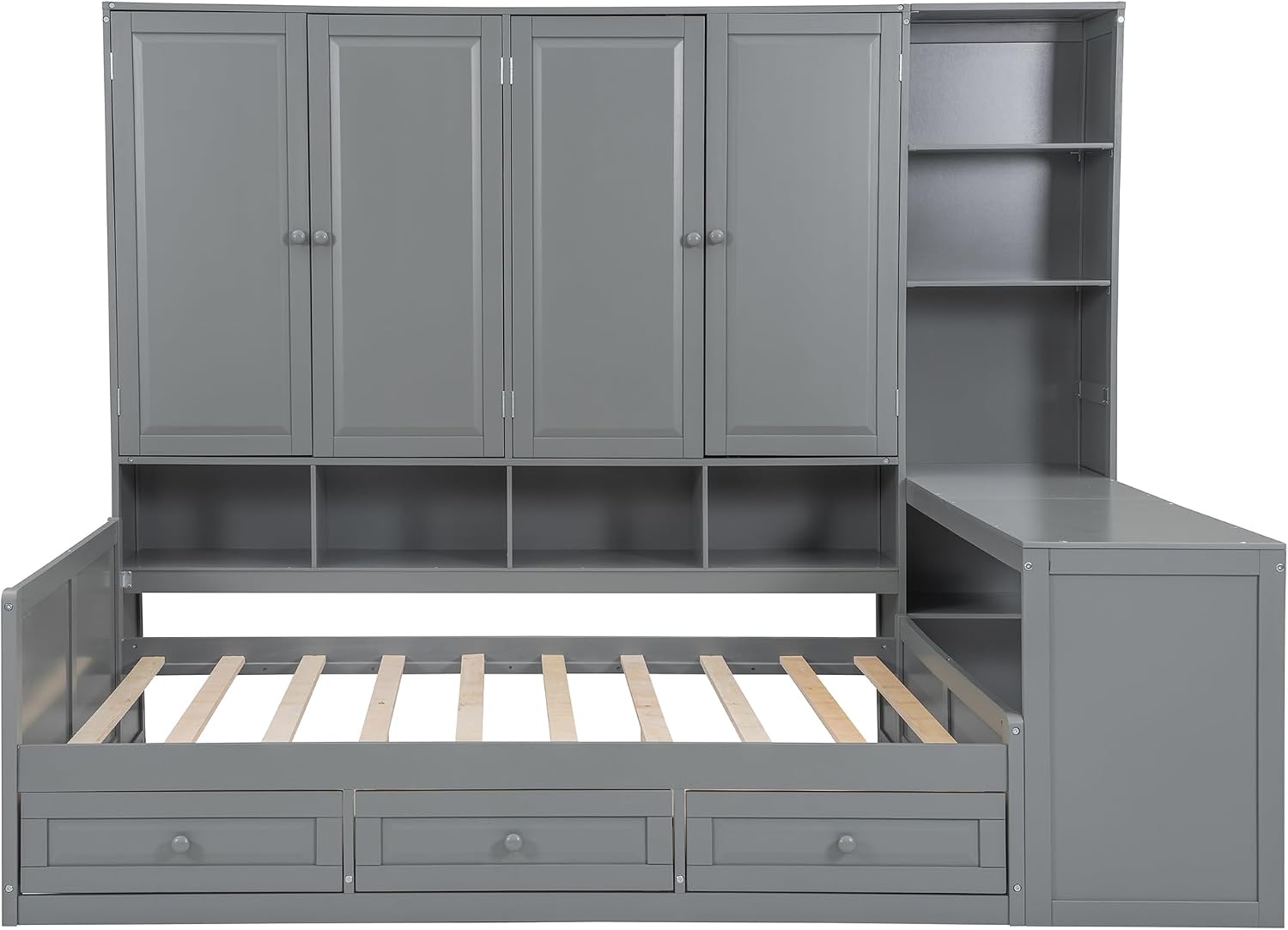 KLMM Full Size Wooden Daybed with Three Drawers and All-in-One Cabinet,Desk and Shelves,for Living Room Bedroom Use (Gray#Shelves, Full)