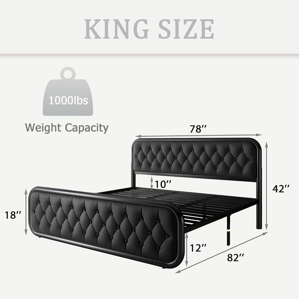 iPormis King Size Metal Bed Frame with Leather Headboard, Heavy-Duty Platform Bed Frame, Thicker Metal Steel Slats Support, 12'' Under-Bed Space, Noise-Free, Easy Assembly, Matte Black
