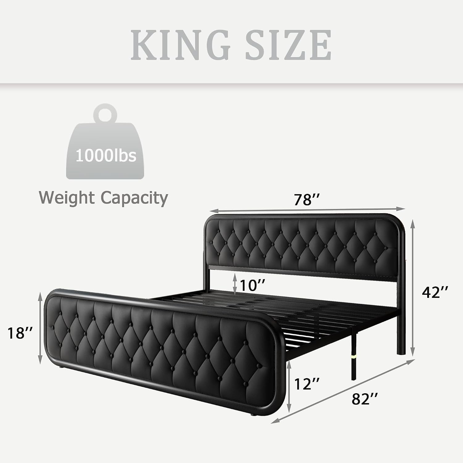 iPormis King Size Metal Bed Frame with Leather Headboard, Heavy-Duty Platform Bed Frame, Thicker Metal Steel Slats Support, 12'' Under-Bed Space, Noise-Free, Easy Assembly, Matte Black