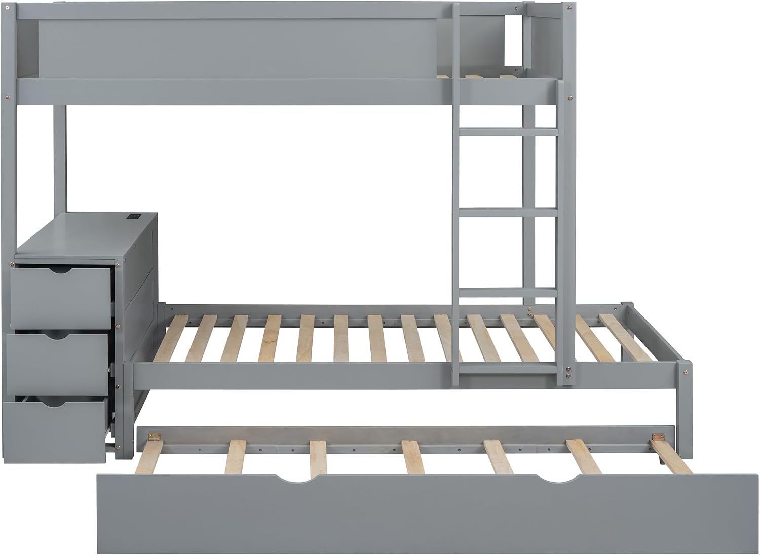 Ball & Cast Twin-Over-Twin Bunk Bed with Twin Size Trundle,Solid Wood Bedframe W/Desk & Drawers,USB,Space Saving,Easy Assembly,Multifunctional Bedroom Furniture Set for Boys Girls Teens,Gray