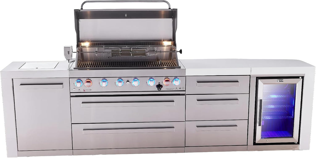 Mont Alpi 119'W Stainless Steel Deluxe Modular Outdoor Kitchen Island with Infrared Rotisserie & Side Burner + Refrigerator + 44'W 6-Burner BBQ Grill + Granite Countertops + Storage Cabinets & Drawers