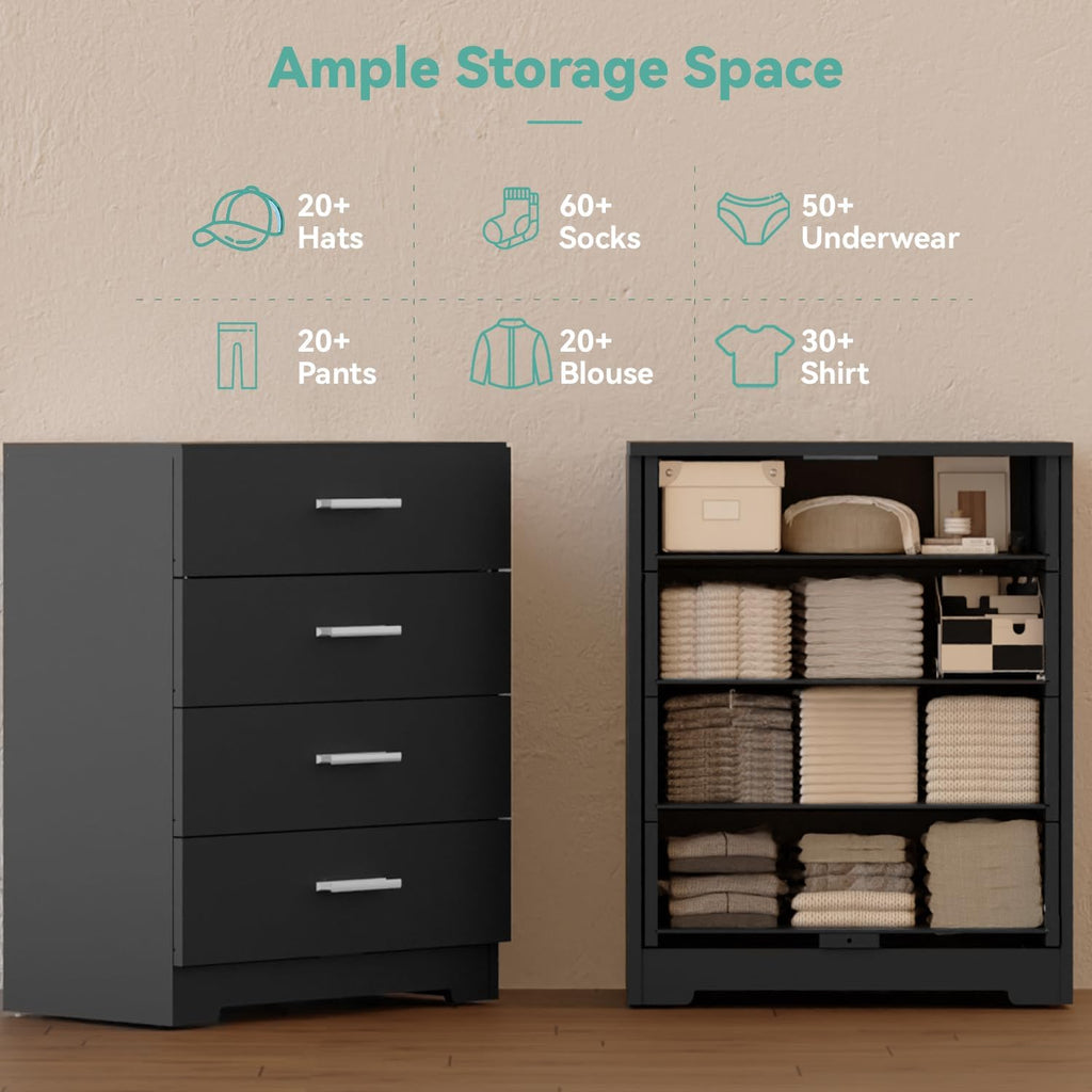 FJTJBSI Dresser with Power Outlets Wooden 4 Drawer Dresser with USB and Type C Port Chest of Drawers for Bedroom Tall Black Organizer Storage for Living Room Hallway Closet