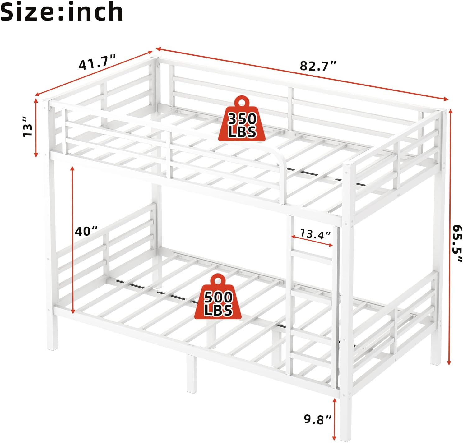 Twin XL Over Twin XL Bunk Bed Frame, Heavy Duty Metal Loft Bed for Adults/Teens, 350/500LB Capacity w/Ladder & Guardrail, Noise-Free Steel Slats, No Box Spring Required, White
