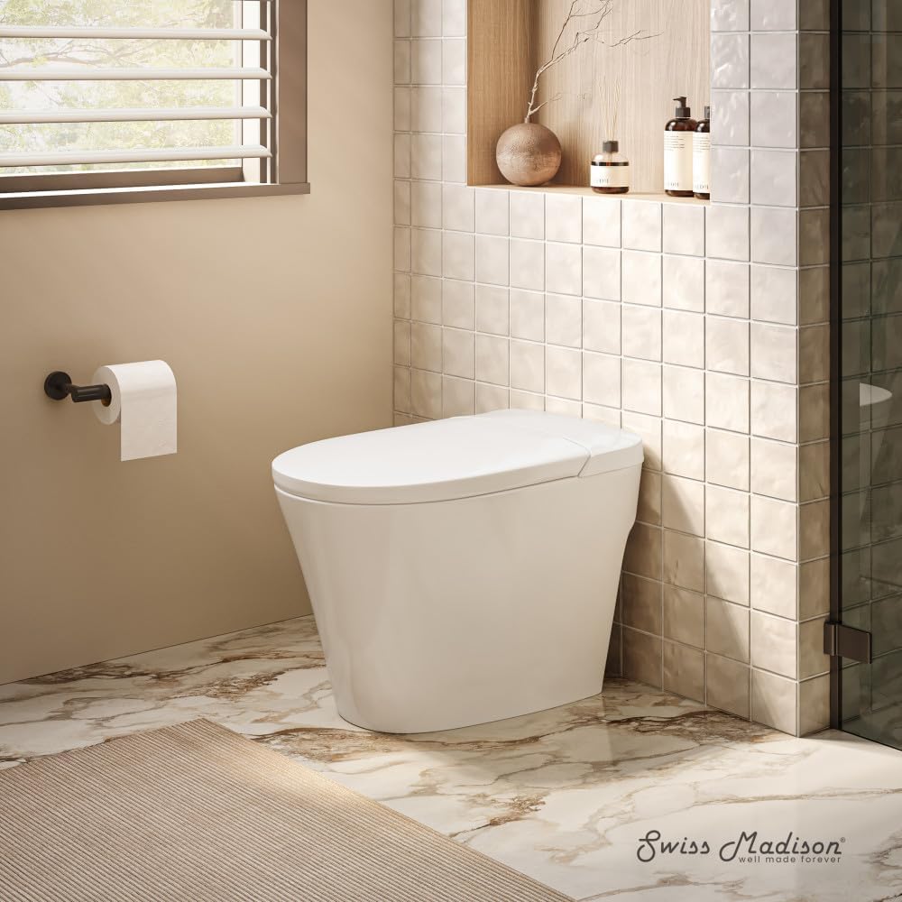 Swiss Madison Hugo H Power Flush Tankless Toilet 7' Back Outlet 1 GPF Non-Electric Toilet with Integrated Tank in Glossy White