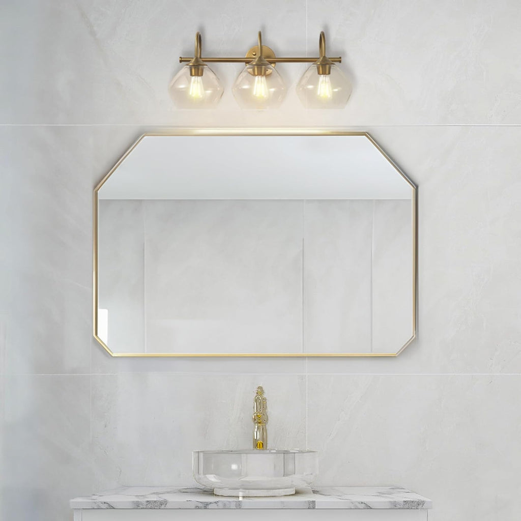 Globe Electric 63000103 26' 3-Light Vanity Fixture, Brass Finish, Clear Glass Shades, Beauty Room Accessories, Bathroom Lighting Over Mirror, Makeup Lights, Wall Light, Home Essentials, House Décor
