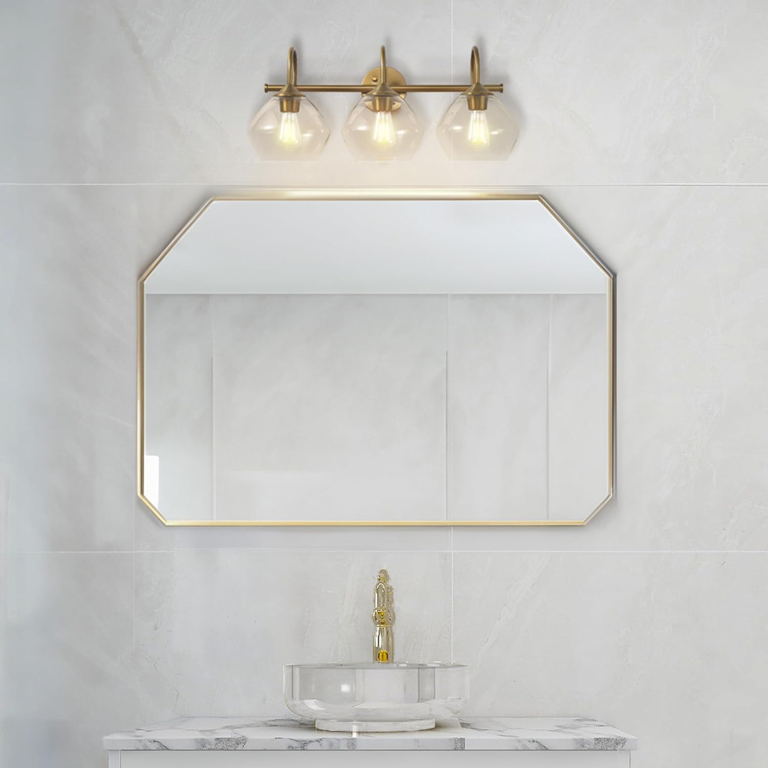 Globe Electric 63000103 26' 3-Light Vanity Fixture, Brass Finish, Clear Glass Shades, Beauty Room Accessories, Bathroom Lighting Over Mirror, Makeup Lights, Wall Light, Home Essentials, House Décor