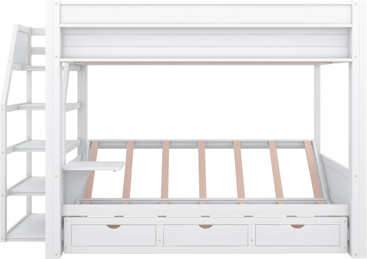 Harper & Bright Designs Full Over Full Bunk Bed with Storage Staircase and Bedside Table for 2, Wood Bunk Bed Frame with Drawers for Saving Space, White