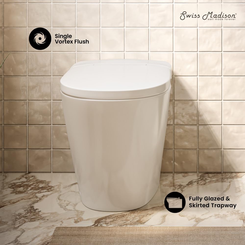 Swiss Madison Hugo H Power Flush Tankless Toilet 7' Back Outlet 1 GPF Non-Electric Toilet with Integrated Tank in Glossy White