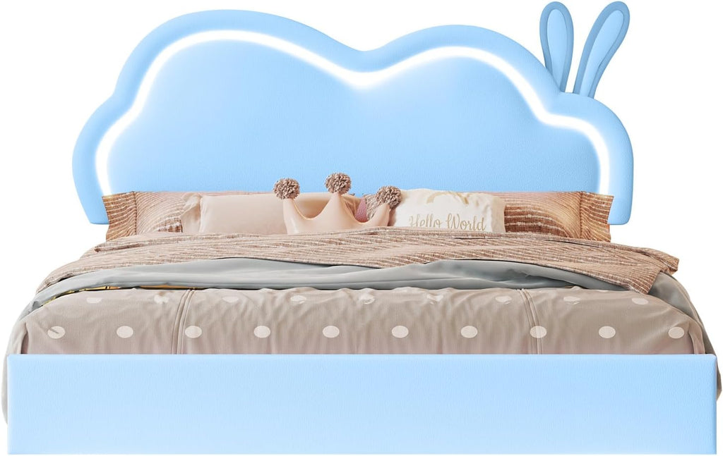 Jocisland Twin Size Floating Bed Frame, Faux Leather Upholstered Platform Bed with LED Lights, Adjustable Cloud Headboard, No Box Spring Needed, Blue | Bunny Ears Design, Multi-Color Lighting, Hidden Bed Legs, Dreamy room vibe, Easy Clean Surface