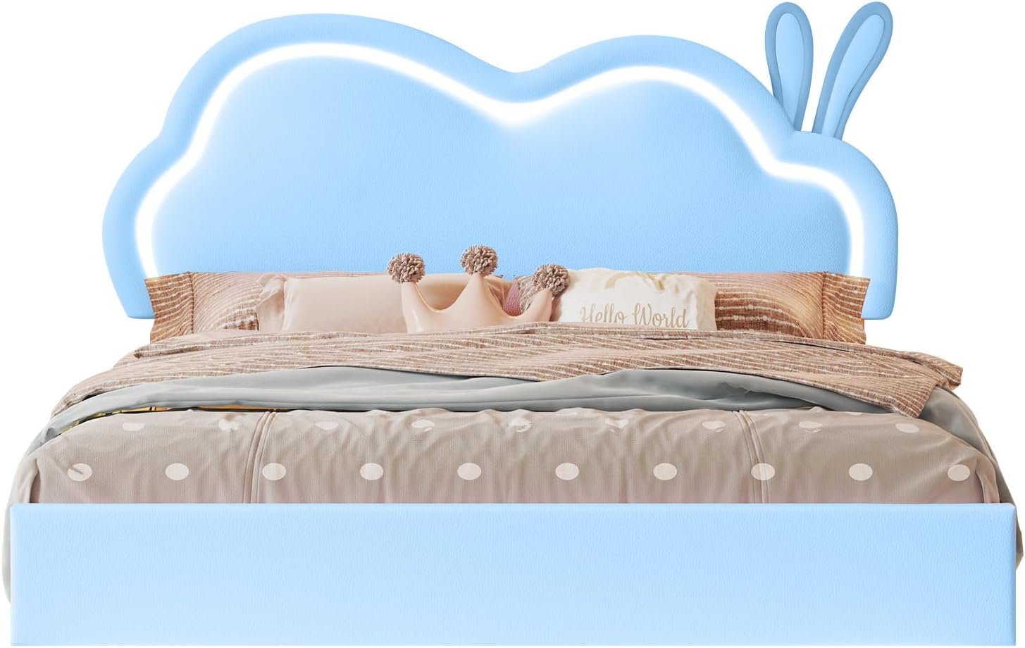 Jocisland Twin Size Floating Bed Frame, Faux Leather Upholstered Platform Bed with LED Lights, Adjustable Cloud Headboard, No Box Spring Needed, Blue | Bunny Ears Design, Multi-Color Lighting, Hidden Bed Legs, Dreamy room vibe, Easy Clean Surface