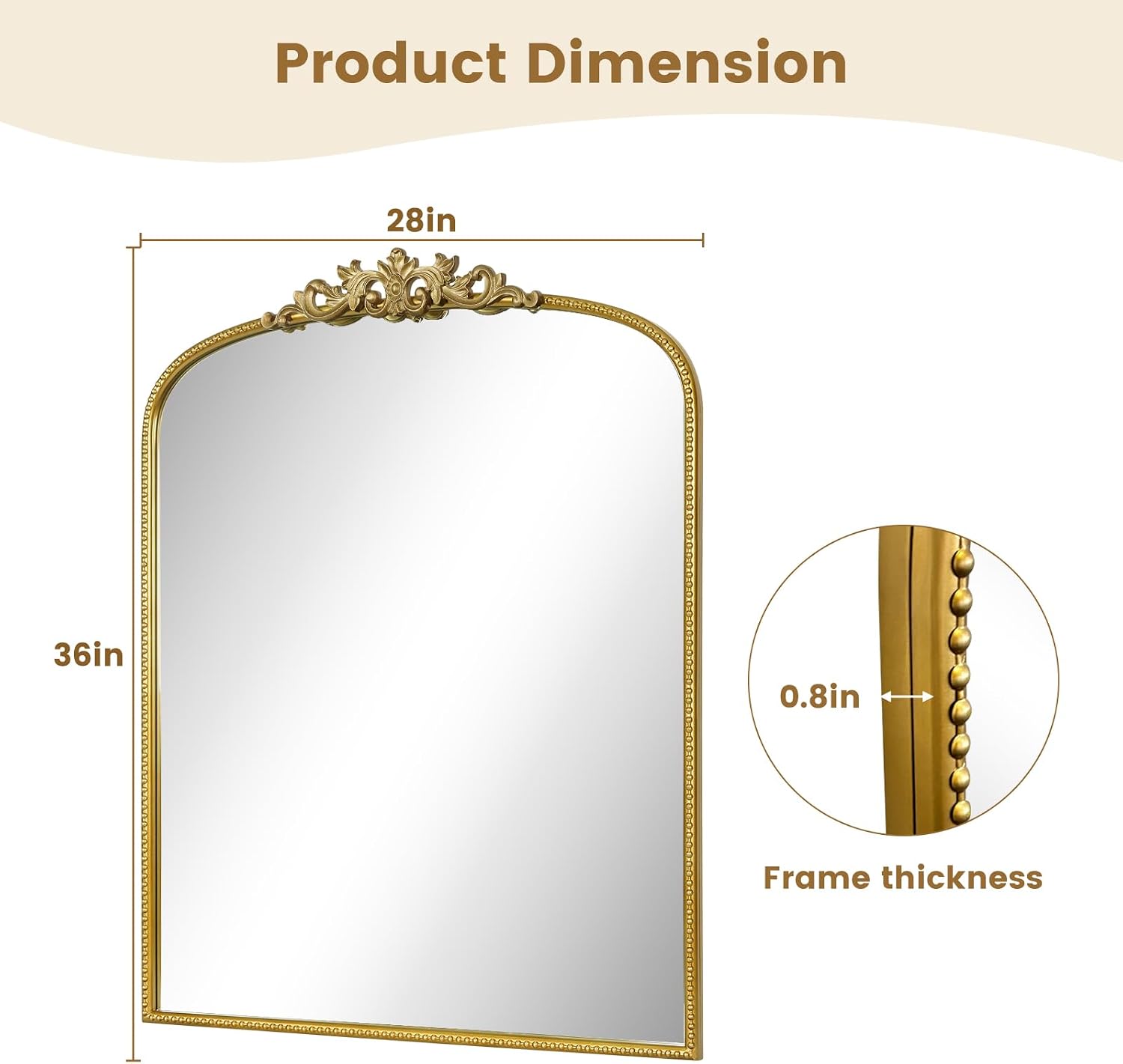WallBeyond Gold Vintage Mirror for Vanity 28x36 Inch, Gold Antique Mirror with Ornate Frame, Arched Vintage Wall for Bathroom, Living Room, Fireplace, Entryway