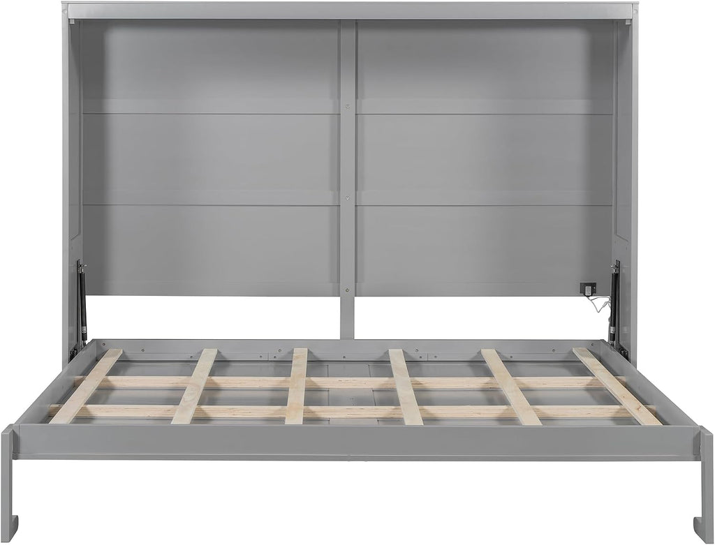 Harper & Bright Designs Queen Size Murphy Bed, Wooden Queen Wall Bed Modern Design with LED Lights, Gray