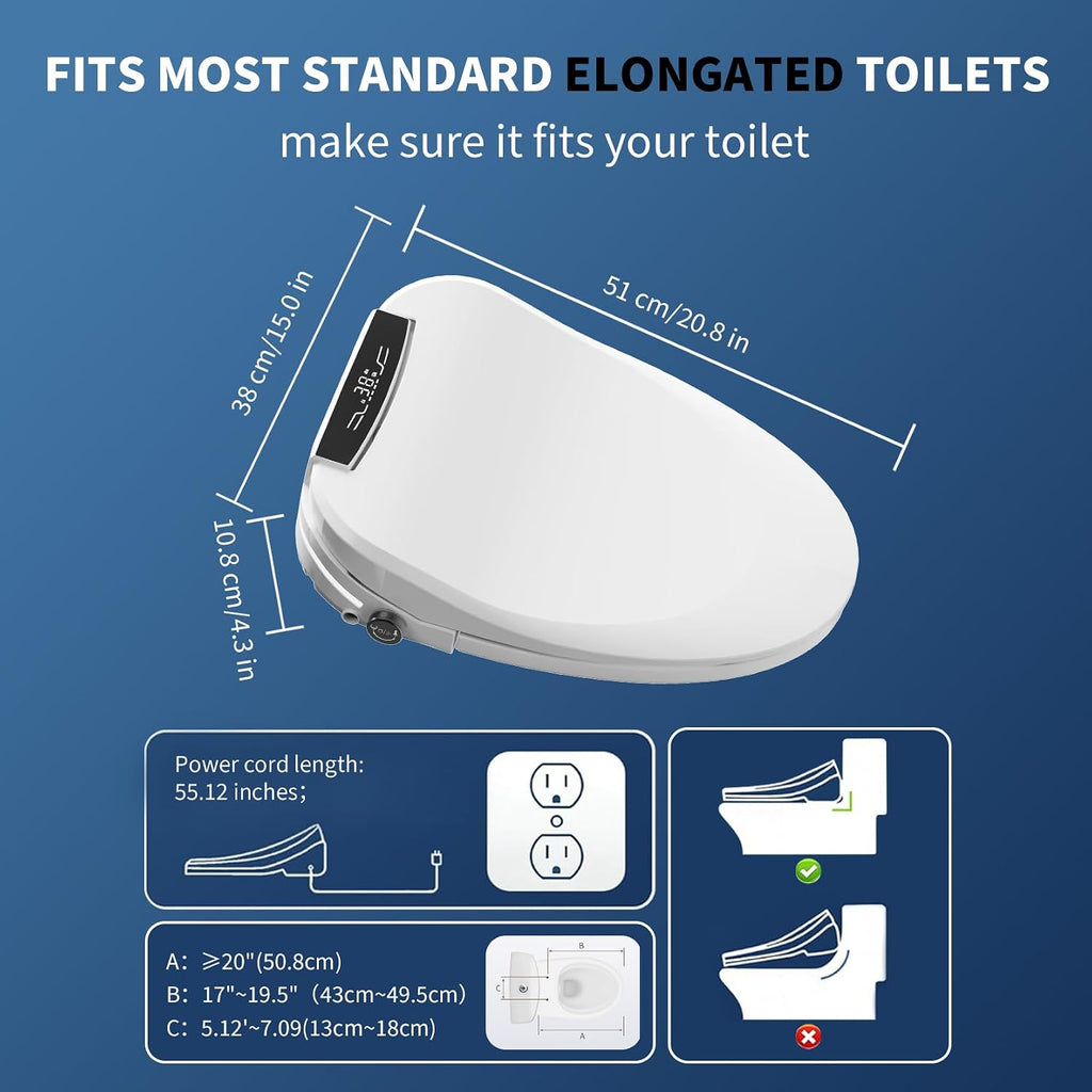 Electric Bidet Toilet Seat Elongated, Instant Warm Water Heated Wash, Self-Cleaning Nozzle, 5X Drying, Anti-Yellowing Quiet Soft Close Lid, Luxury Smart Bidet for Villa&Family, Easy DIY Install