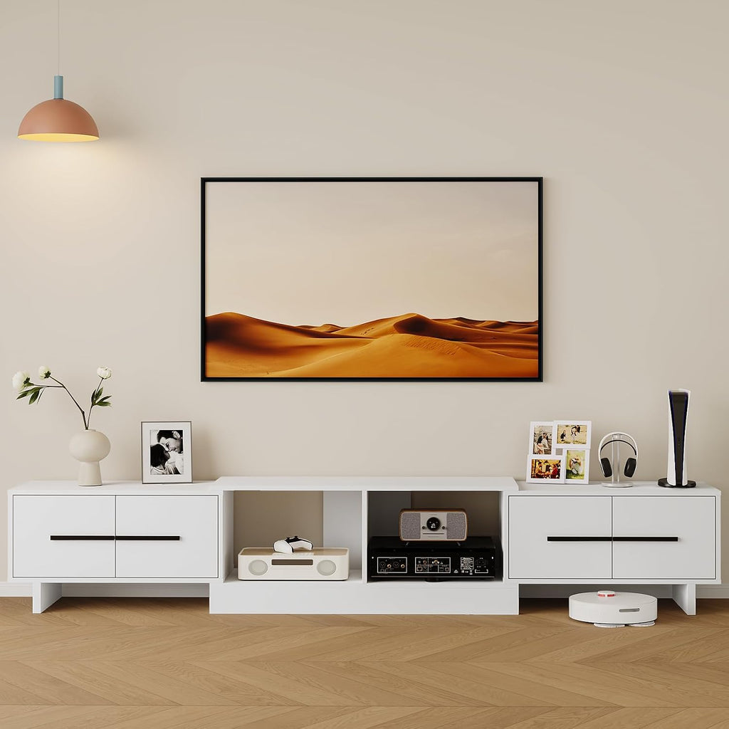 Extendable TV Stand, Modern Media Console for Up to 100 Inch TV, 67'-90' Extendable Entertainment Center with 2 Large Cabinets & Open Shelves, TV Cabinet for Living Room-White